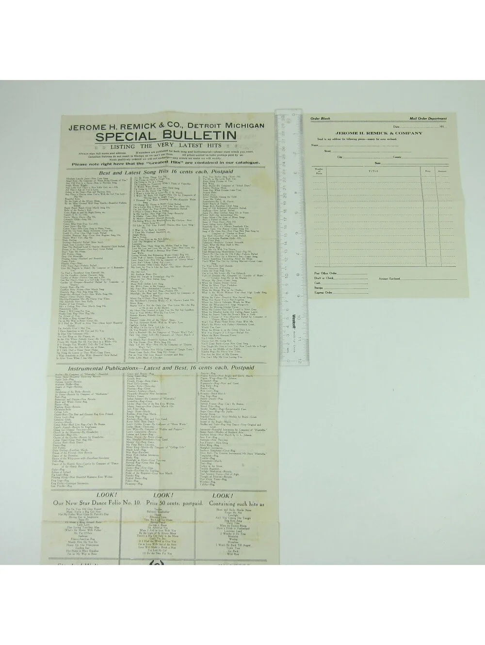Sheet Music Jerome H. Remick & Co Advertising Special Bulletin Form Antique 1910